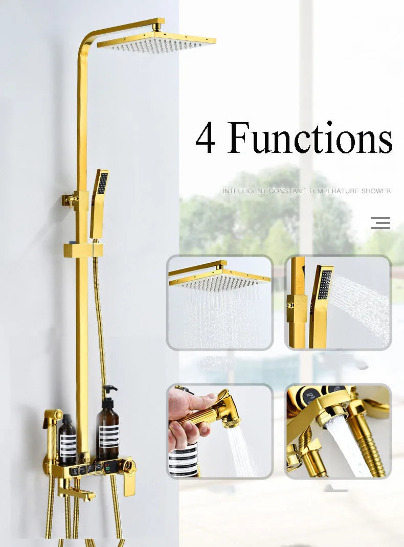 Gold Digital Shower Set Quality Brass Hot Cold Bathroom Shower Faucets Tap Rain Shower Head Golden Thermostatic Shower System