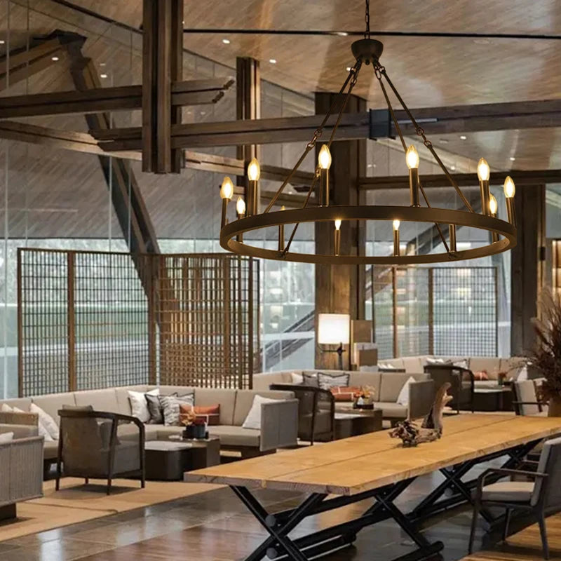 America Retro Industrial Iron Round Led Pendant Black Metallic Hanging Living Room Cafe Restaurant Decoration Suspend Chandelier