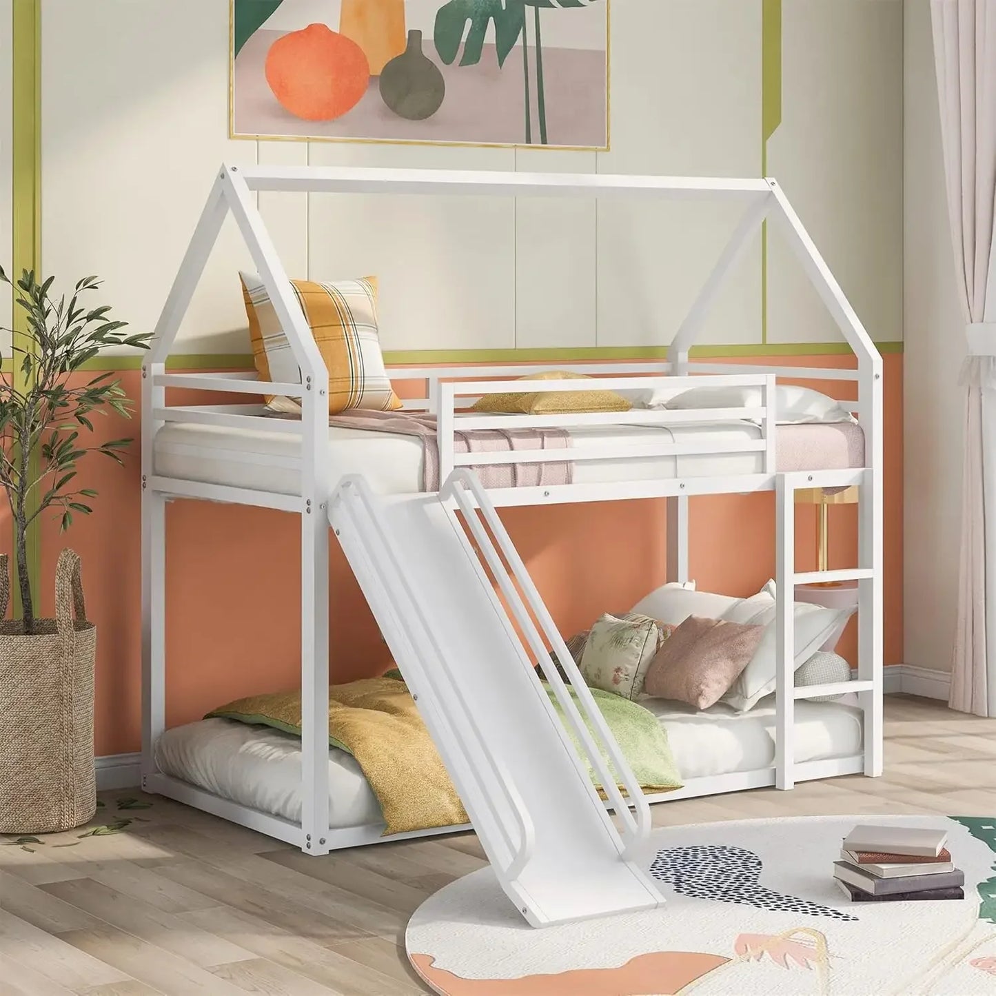 Kids Twin Over Twin Bunk Beds with Slide and Trundle, Bed Frame with Stairs and Storage, Playhouse Bunk Bed with Roof and Window