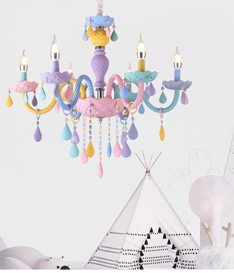 Modern Romantic Rainbow Crystal Chandelier European Candle lustres Children's Makaron Girl Princess Pendant Lamps Light Fixtures