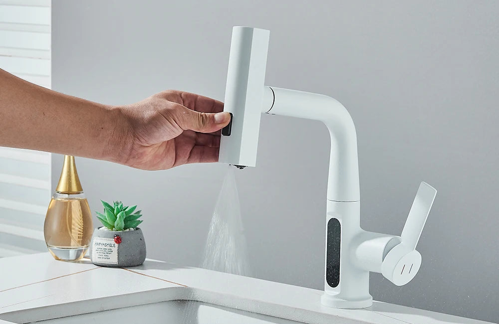 Waterfall Temperature Digital Display Basin Faucet Lift Up Down Stream Sprayer Hot Cold Water Sink Mixer Wash Tap For Bathroom