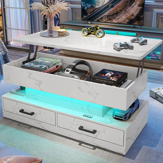 40" Lift Top Coffee Table, Coffee Tables with Storage for Living Room, Small Coffee Table with 2 Fabric Drawers & LED Light