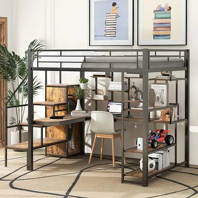 Full Size Loft Bed with Stairs and Desk Metal Loft Bed with LED Light and Charging Station