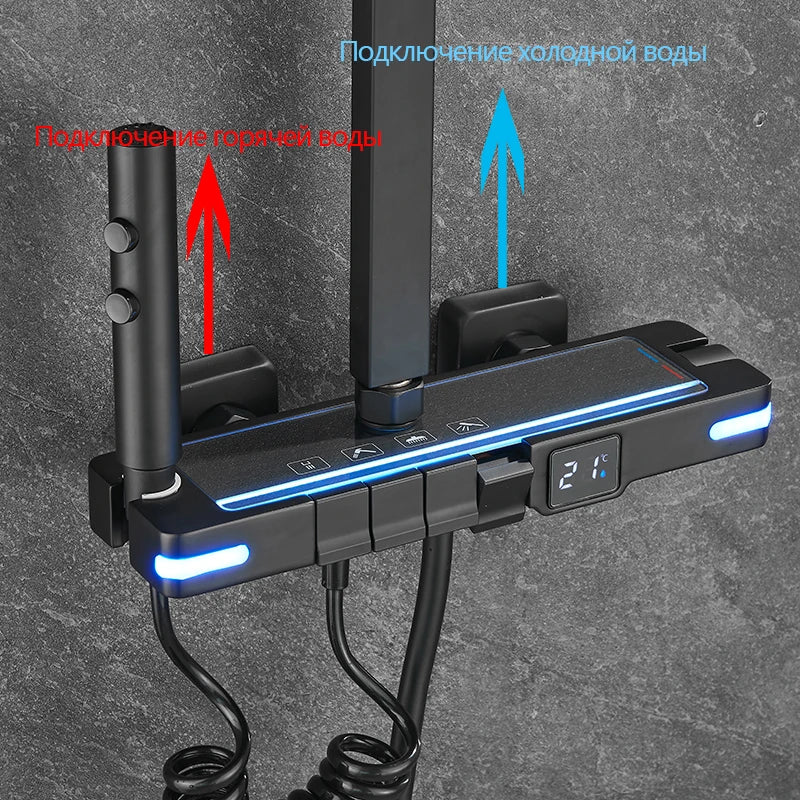Brass Shower Faucet Thermostatic,Shower Syetem,30cm Spray Head, Digital Display LED,Bathroom Faucet,Black/Chrome