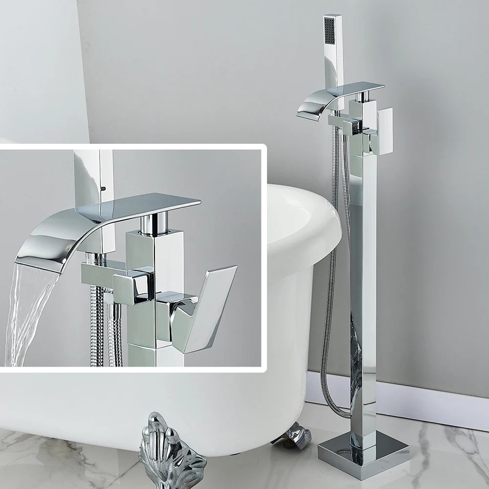 Floor Standing Faucet Bathtub Shower Floor Mounted Tub Filler Faucet Brass Bathroom Tub Faucets with Hand Shower