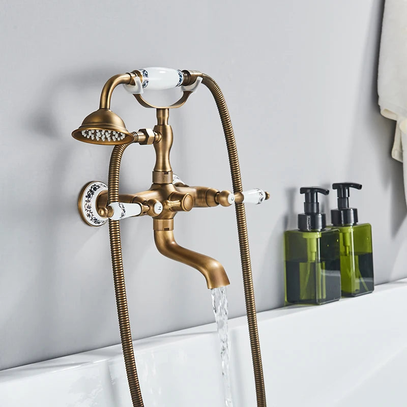 Retro Antique Brass Black Bronze Bathtub Shower Faucets Set Dual Knobs Mixer Tap Wall Mounted Bath Shower Set Swivel Tub Spout