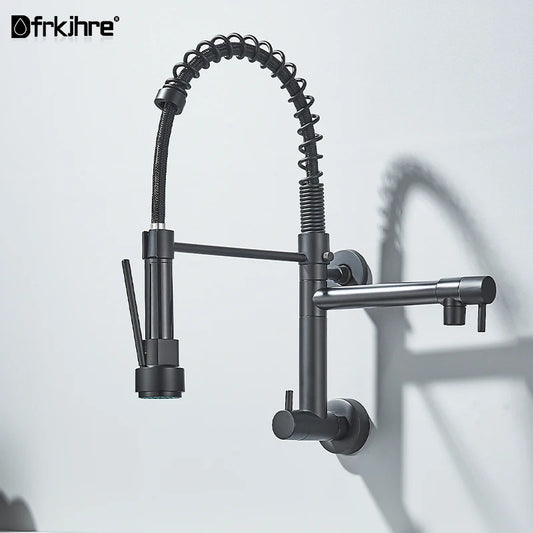 Wall Mount Spring Kitchen Faucet Pull Down Sprayer Dual Spout Cold Water Kitchen Tap Dual Swive Spout 360 Rotation In Wall Tap