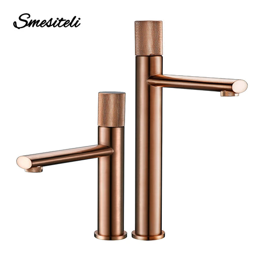 Brushed Rose Gold Basin Faucet Knurled Bathroom Tap Single Handle Single Hole Hot and Cold Sink Mixer Deck Mounthed