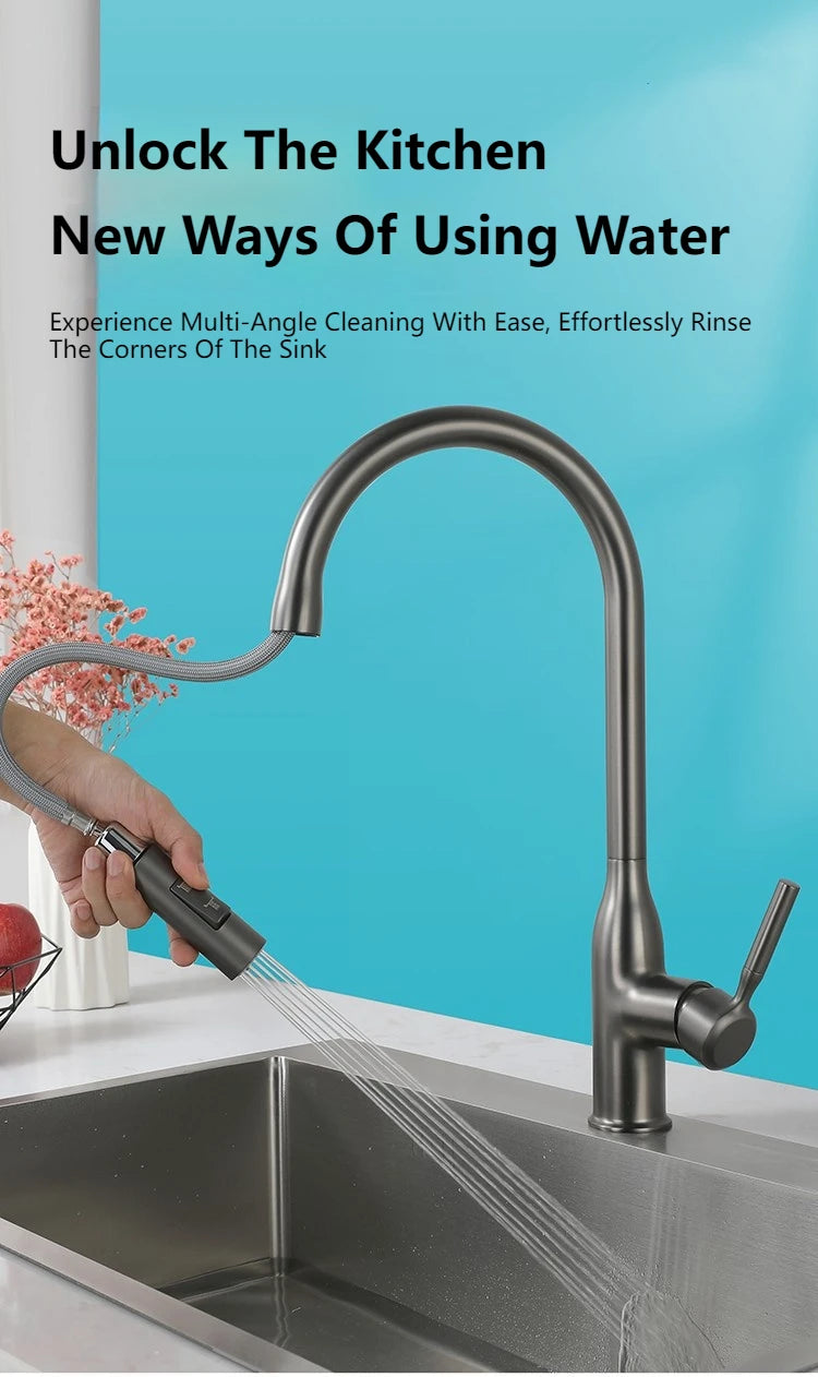 New Single Handle Gray Kitchen Faucet With Pull Down Sprayer High Arc Brass 360 Swivel Kitchen Sink Faucets Deck Mounted Chrome