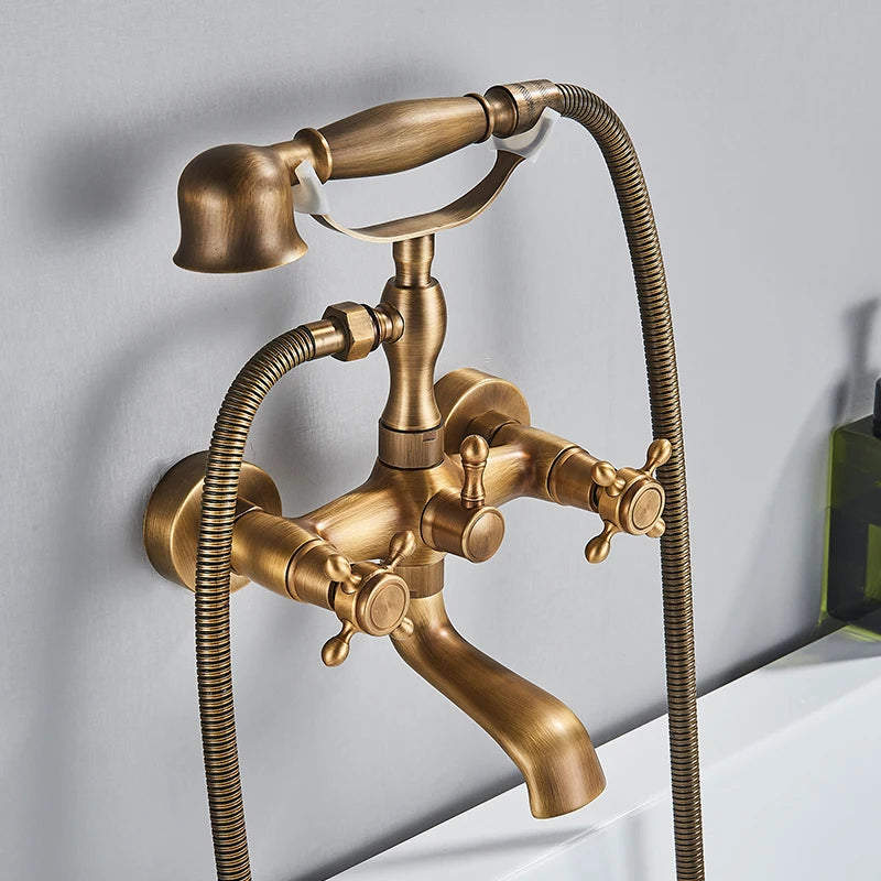 Retro Antique Brass Black Bronze Bathtub Shower Faucets Set Dual Knobs Mixer Tap Wall Mounted Bath Shower Set Swivel Tub Spout