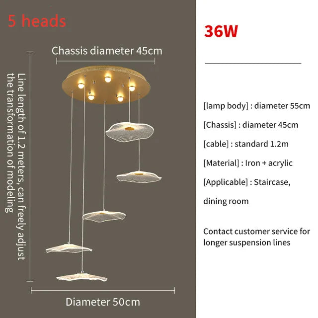 Nordic Lotus Leaf Restaurant LED Pendant Lamps Moden Chandelier for Staircase LOFT Duplex Villa Living Room Light Lustre Fixture