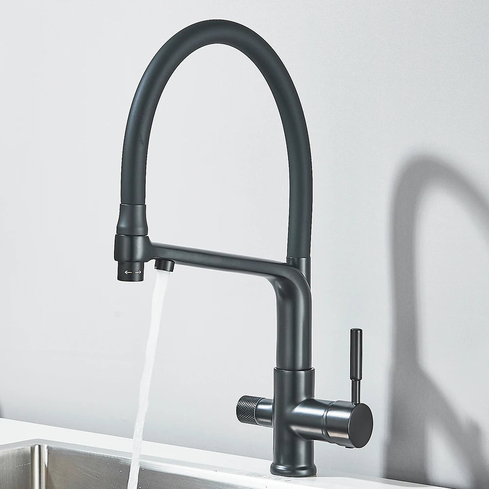 Brushed Gold Kitchen Faucet Filtered Water Dual Spout Purification Feature Kitchen Tap 360 Rotation Water Crane For Kitchen