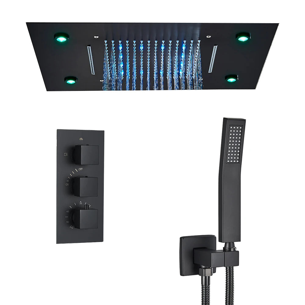Black LED Constant Temperature Shower Faucet Luxury 3-way RainShower Celling System Tap Color Change Modern Showers for Bathroom