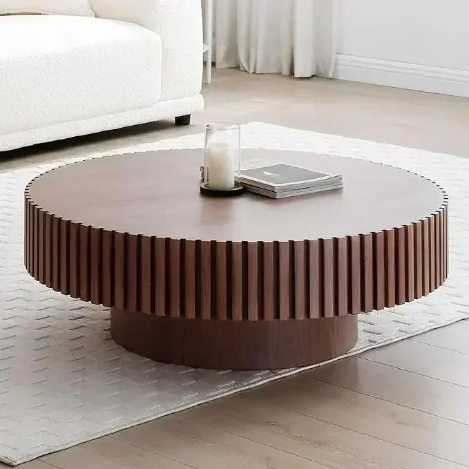 Coffee Table Wood End Table for Living Room,Modern Contemporary Circle Fluted Drum Side Table,Coffee Table