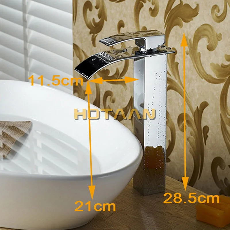 Waterfall Brass Basin Faucet Deck Mounted Single Lever Single Hole Cold&Hot Bathroom Basin Mixer Black Plated Tap