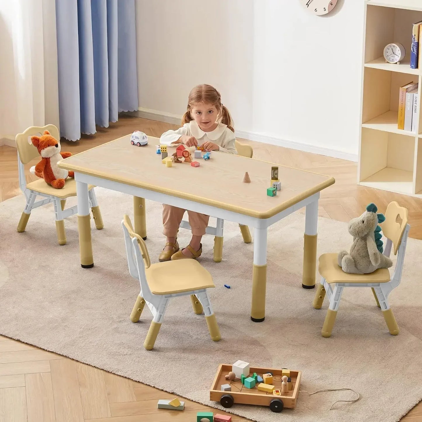 Modern White + Natural Wood Toddler Table and Chairs Set for 4