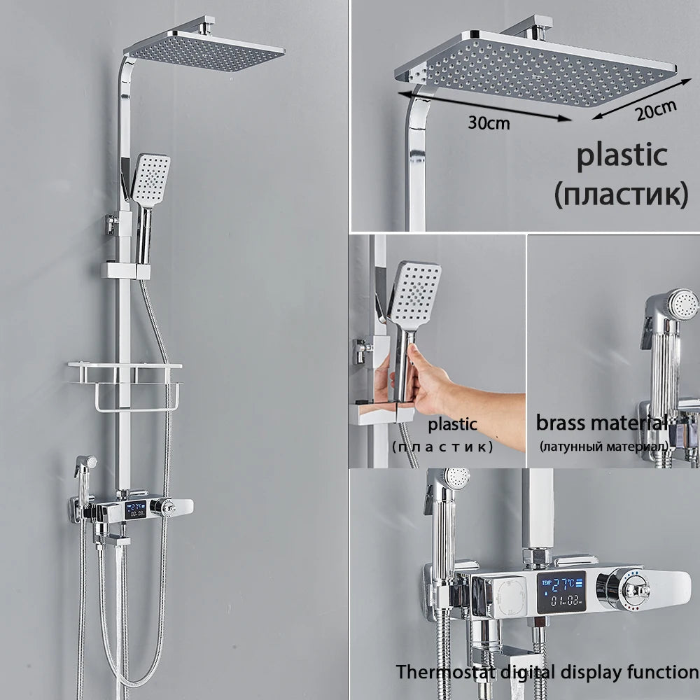 Black Smart Thermostatic Shower Faucet Set Bathroom Intelligent Rainfall Digital Mixer Tap With Rack and Bidet Bath System