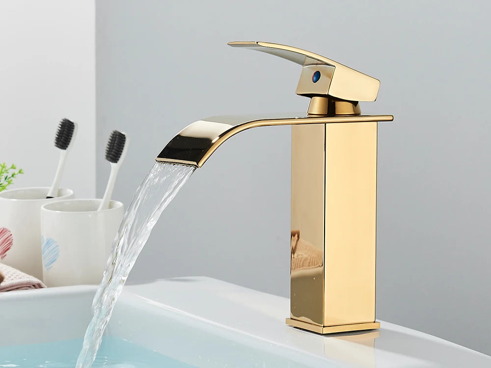 Brushed Gold Basin Sink Faucet Waterfall Outlet Vanity Hot Cold Mixer Tap Deck Mount Taps Washbasin Faucet for Bathroom