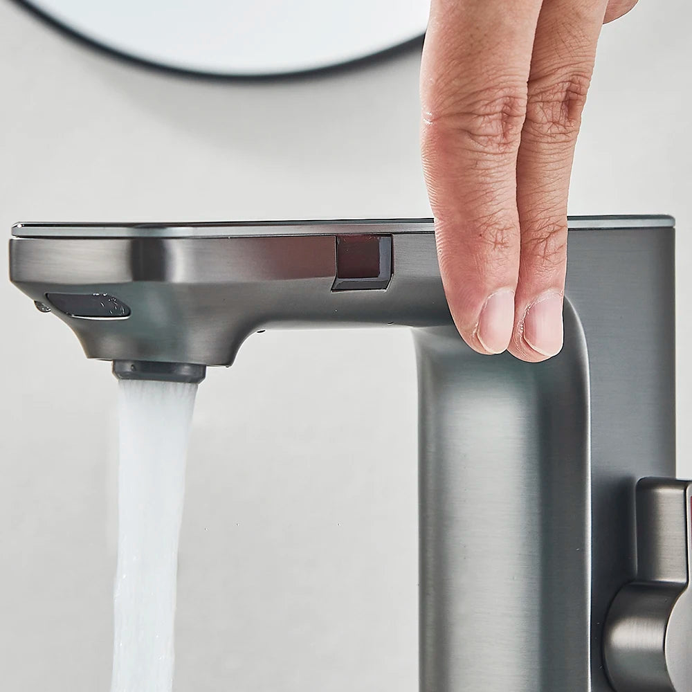 Black Gray Smart Sense Faucet Touchless Digital Display Basin Mixer Battery Power Hot Cold Mixed Water Inductive Bathroon Tap
