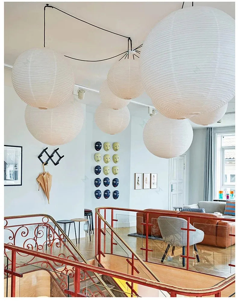 Nordic Wabi Sabi Wind Round Rice Paper Led Pendant Lights Living Dining Room Bedroom Loft Restaurant Bar Home Decor Chandelier