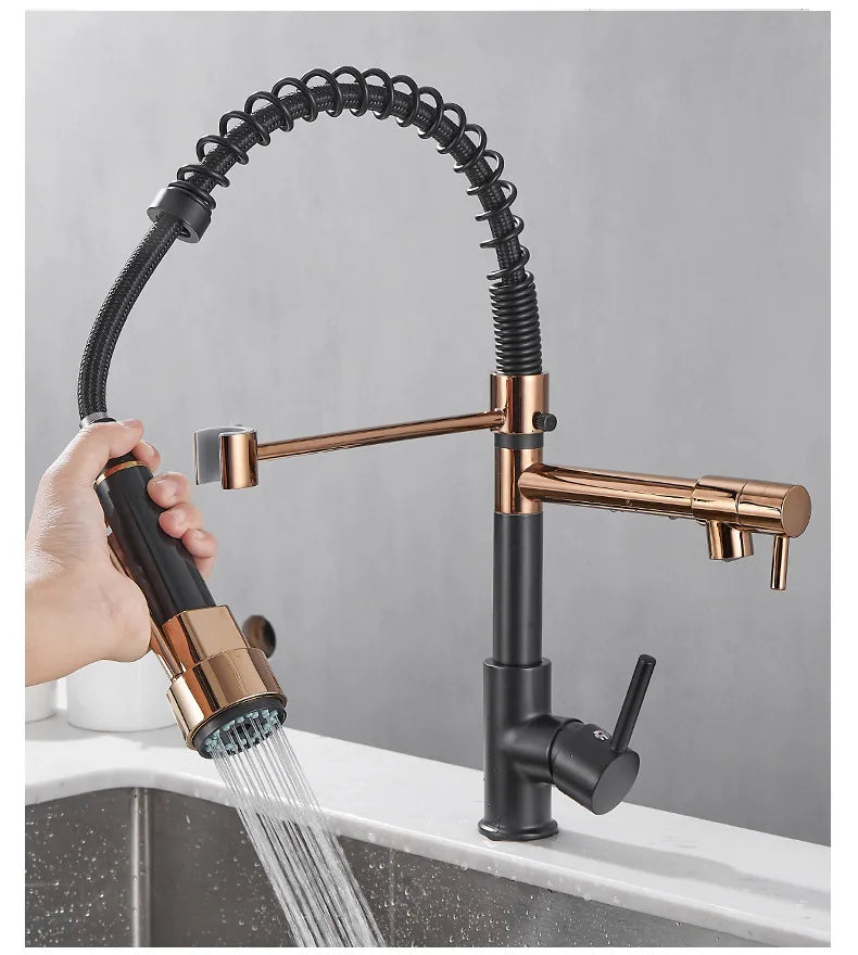 Black and Golden Brass Pulling Kitchen Sink Faucets Dual Outlet Water-Cold Hot Washing Basin Tap Deck Mounted Spring Mixer Taps