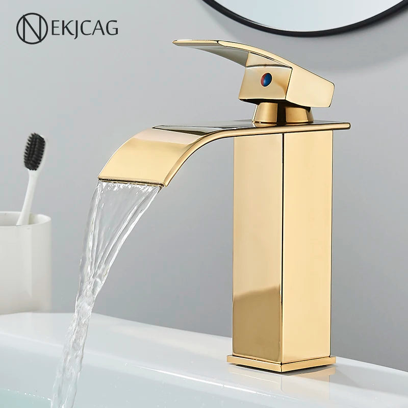 Gold Bathroom Basin Faucet Waterfall Outlet Deck Installation Sink Mixer Cold And Hot Mixing Crane Kitchen Washing Tap