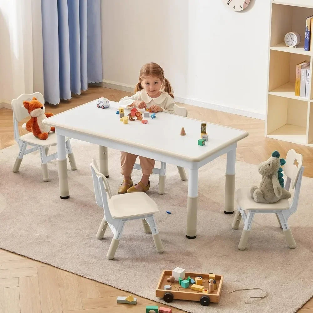 Modern White + Natural Wood Toddler Table and Chairs Set for 4