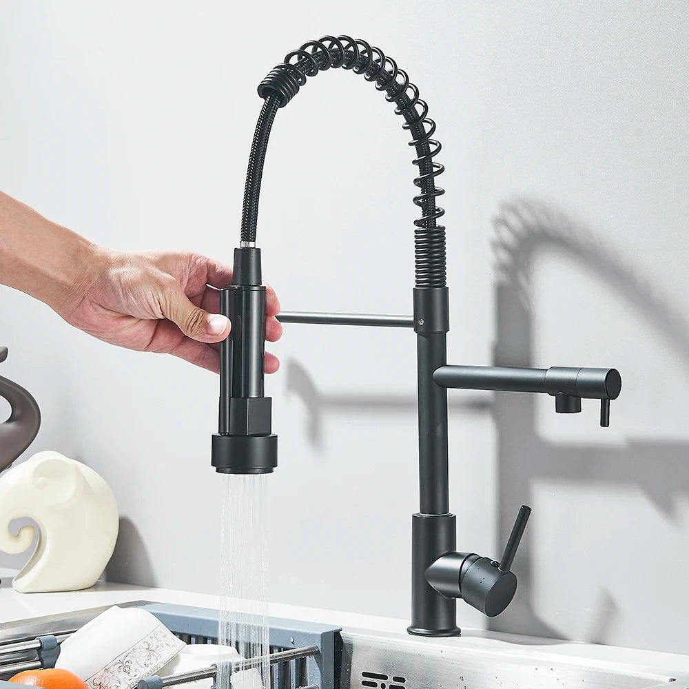 Matte Black Removable Gourmet Kitchen Faucet Double Spout Rotatable Deck Mount Single Handle Cold Hot Water Mixer Kitchen Crane