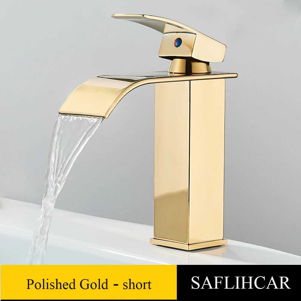 Brushed Gold Basin Sink Faucet Waterfall Outlet Vanity Hot Cold Mixer Tap Deck Mount Taps Washbasin Faucet for Bathroom