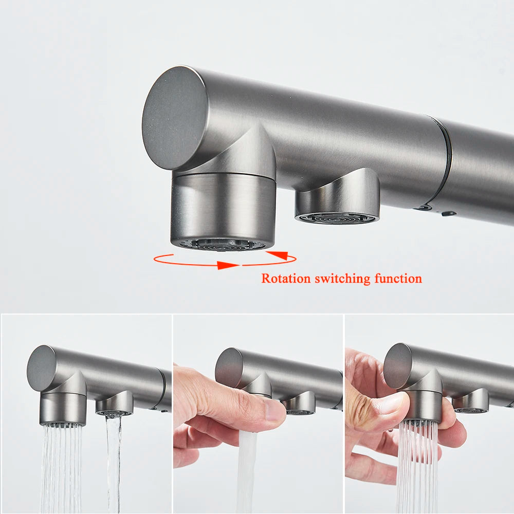 Filtered Kitchen Sink Faucet with Pull Down Sprayer 2 Handle 3 in 1 Water Filter Purifier Faucet Dual Sprayer Drinking Water Tap