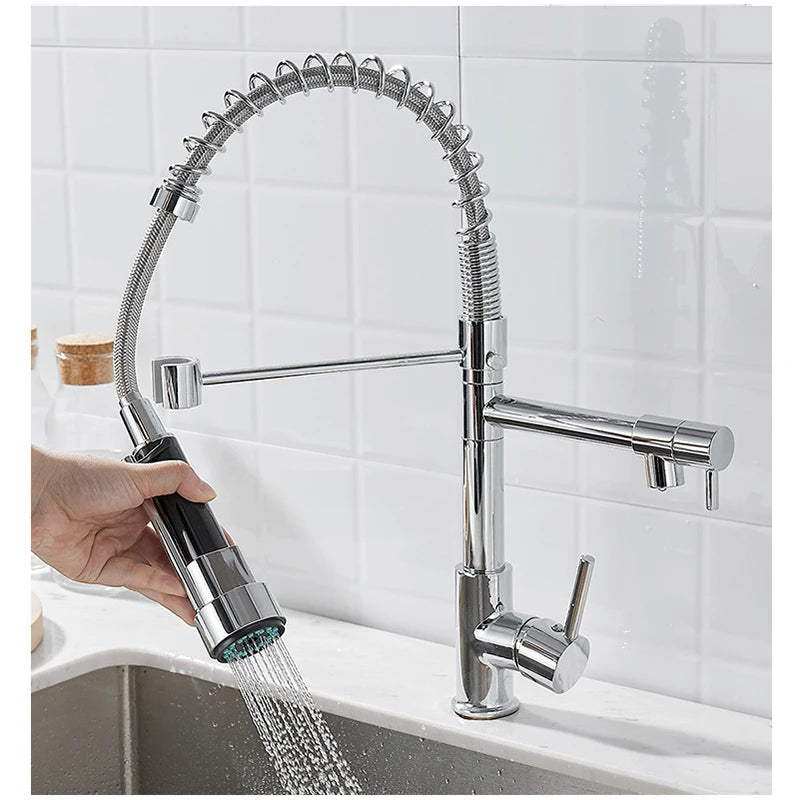 Black and Golden Brass Pulling Kitchen Sink Faucets Dual Outlet Water-Cold Hot Washing Basin Tap Deck Mounted Spring Mixer Taps