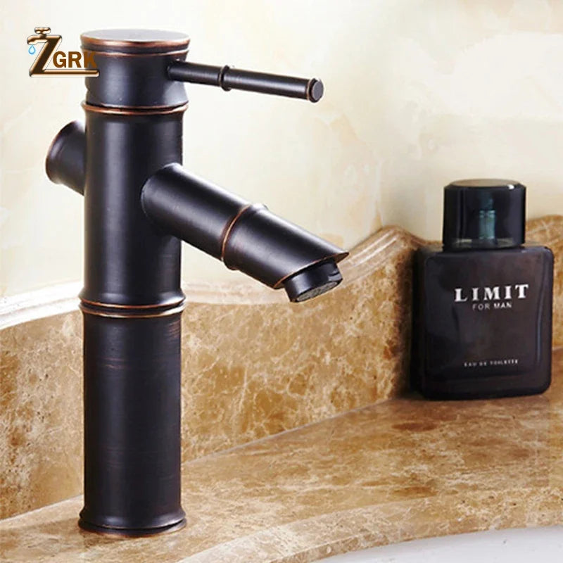 ZGRK Black Waterfall Bathroom Sink Faucet Vessel Tall Bamboo Water Tap Retro Brass Basin Faucets Single Hole Sink Mixer Tap