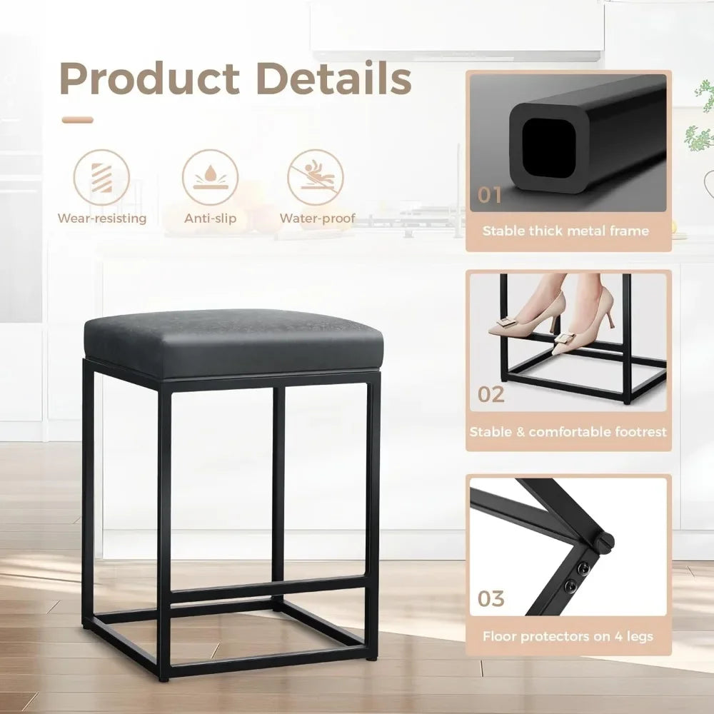 Black Counter Height 24" Bar Stools Kitchen Counter Backless Modern Square Barstools Upholstered Faux Leather Stools