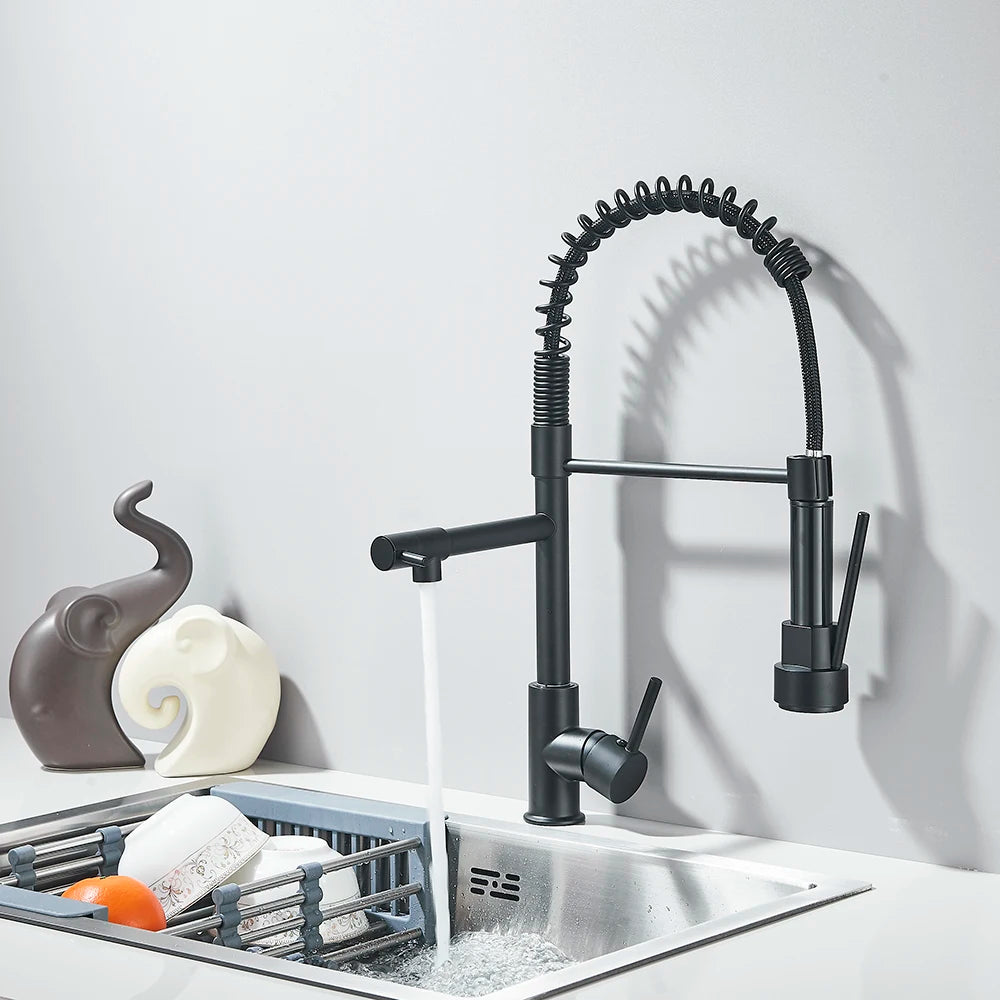 Matte Black Removable Gourmet Kitchen Faucet Double Spout Rotatable Deck Mount Single Handle Cold Hot Water Mixer Kitchen Crane