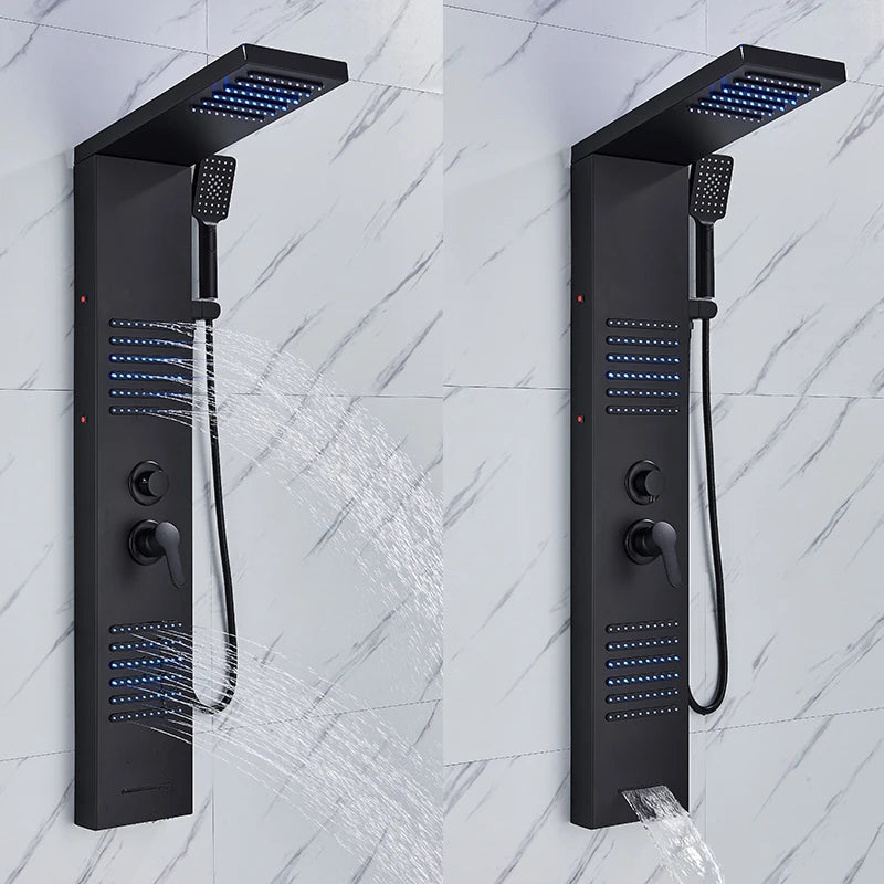 Black LED Shower Panel Tower System Rain Waterfall Shower Column Hydroelectricity Massage Body Spa Bath Shower Faucet Mixer