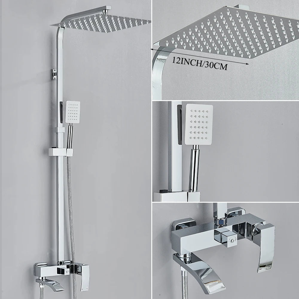 Matte Black Rainfall Shower Faucet Set 8/10/12 Inch Showerhead High Pressure Stainless Steel Rotate Spout Bath Shower Mixer