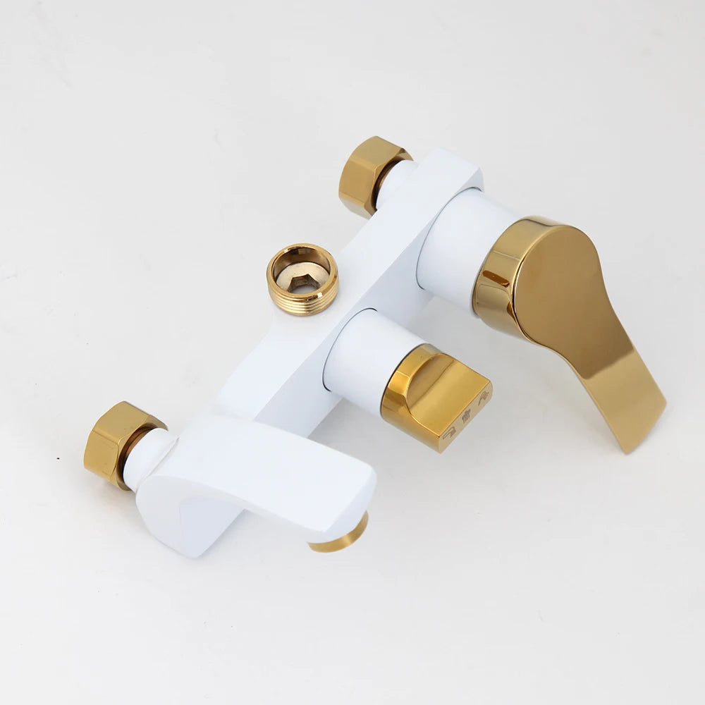 KEMAIDI Bathroom Shower Set W/ Shelf Wall Mount Shower System Hot & Cold Mixer White Gold Rainfall Bathtub Shower Faucet Set