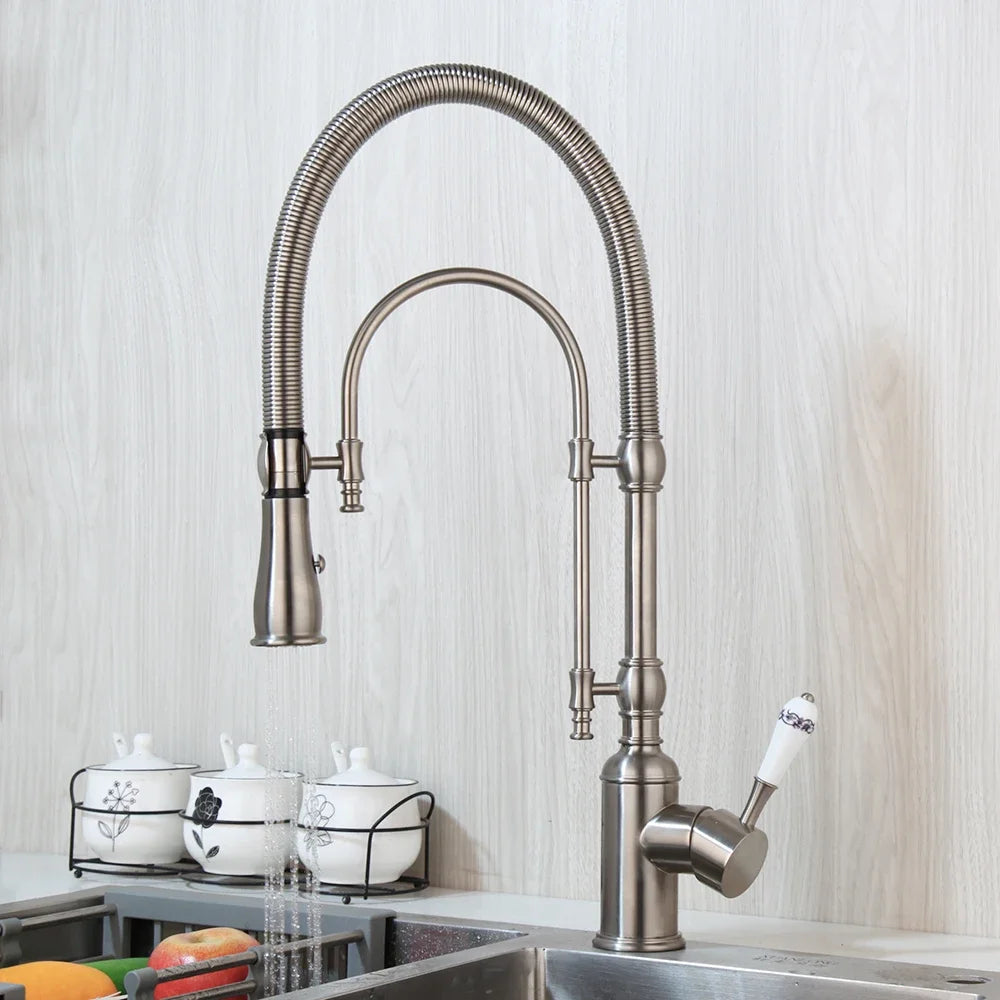 Golden Spring Pull Down Kitchen Sink Faucet Hot & Cold Mixer Crane Tap with Dual Spout Deck Mounted Hot Cold Faucets