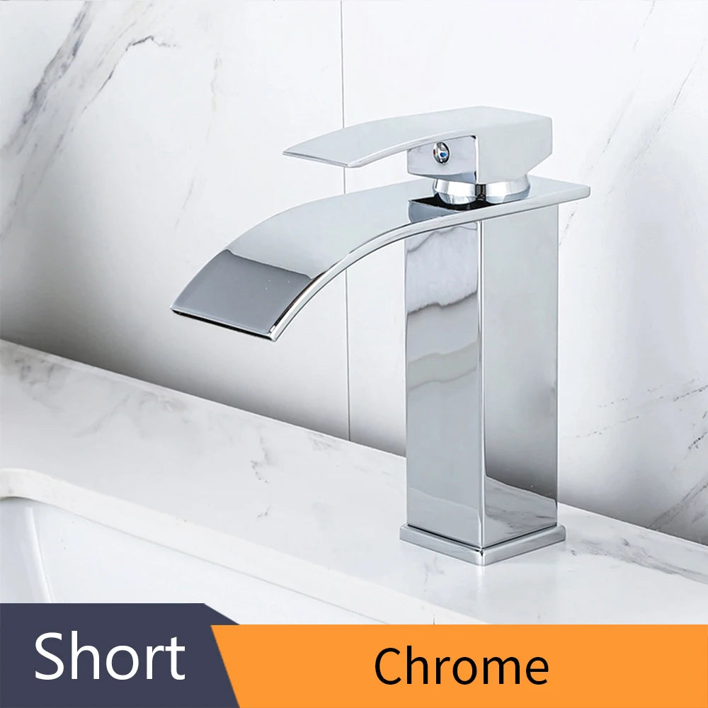 Basin Faucets Brass Silver Elegant Waterfall Bathroom Sink Faucet Single Lever Hole Deck Mount Big Square Spout Mixer Taps