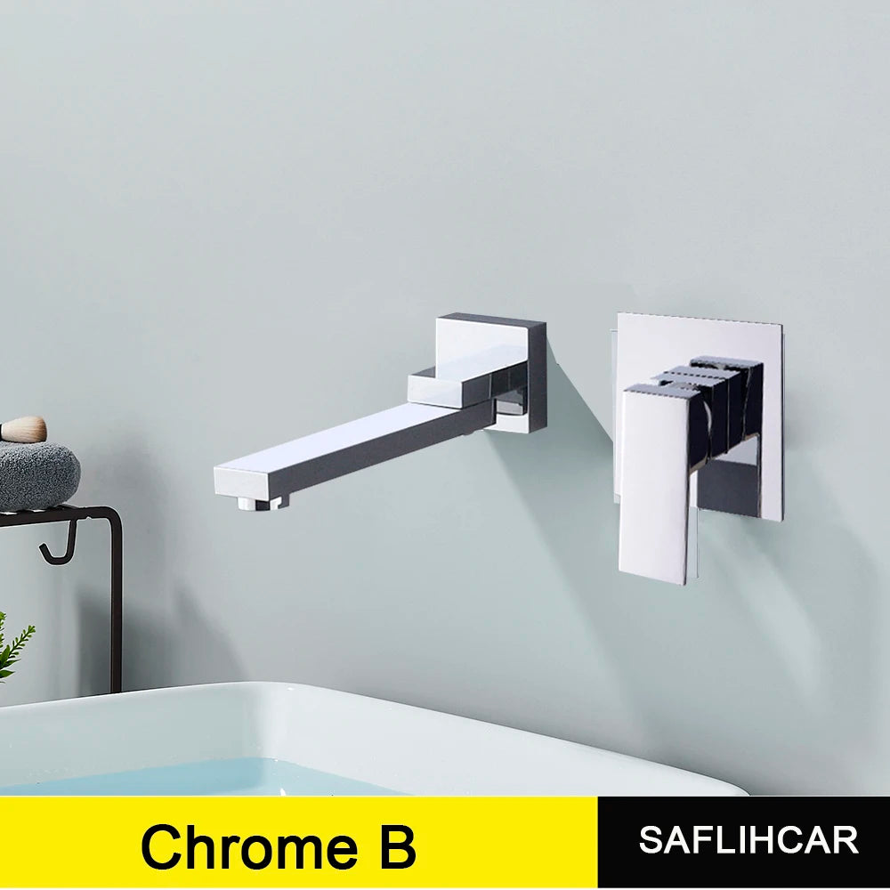 Matte Black Rotate Spout Basin Faucet Wall Mounted Bathroom Hot & Cold Water Mixer Tap Concealed Install Washing Crane Faucets