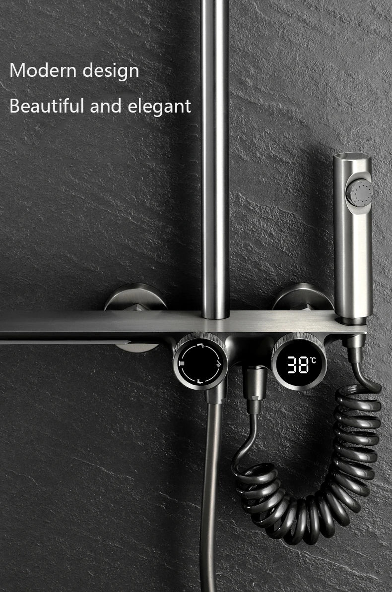 Wall-Mounted Waterfall Shelf Bathroom Mixer Faucet Digital Display Shower Set,Copper Bathroom Showers Sets Bathroom Accessories