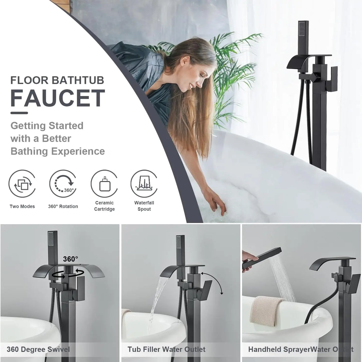 Floor Standing Faucet Bathtub Shower Floor Mounted Tub Filler Faucet Brass Bathroom Tub Faucets with Hand Shower