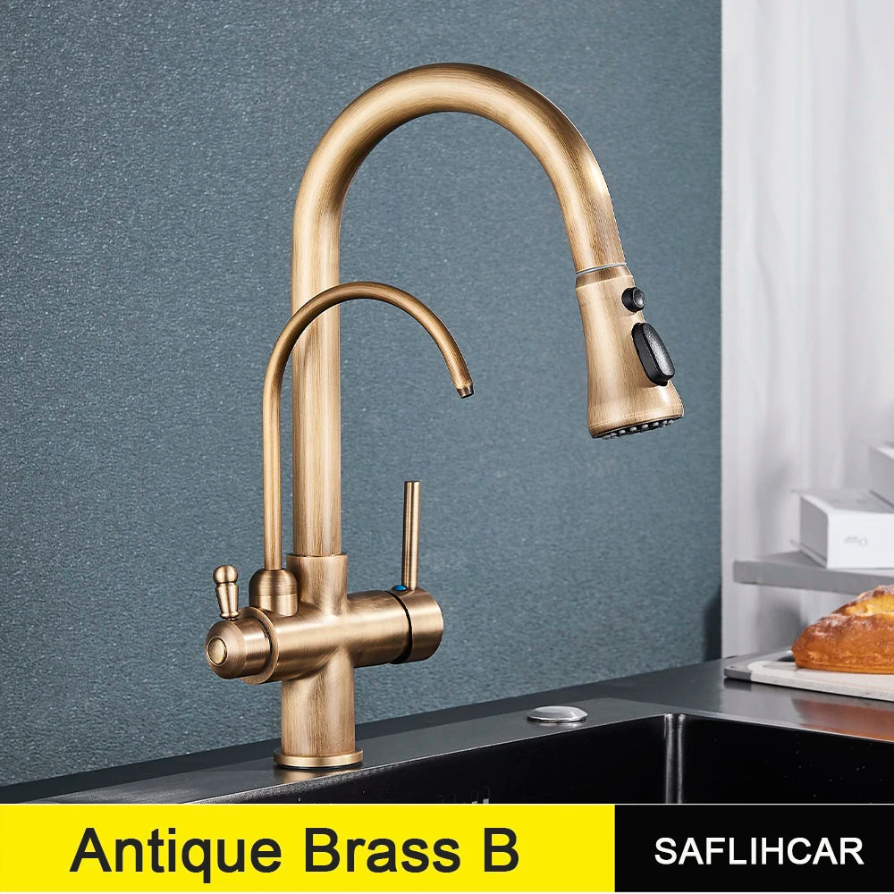 Black Gold Pure Water Faucet Spout Pull Out Dual Water Modes Kitchen Purification Sink Faucet  Kitchen Filtered Crane