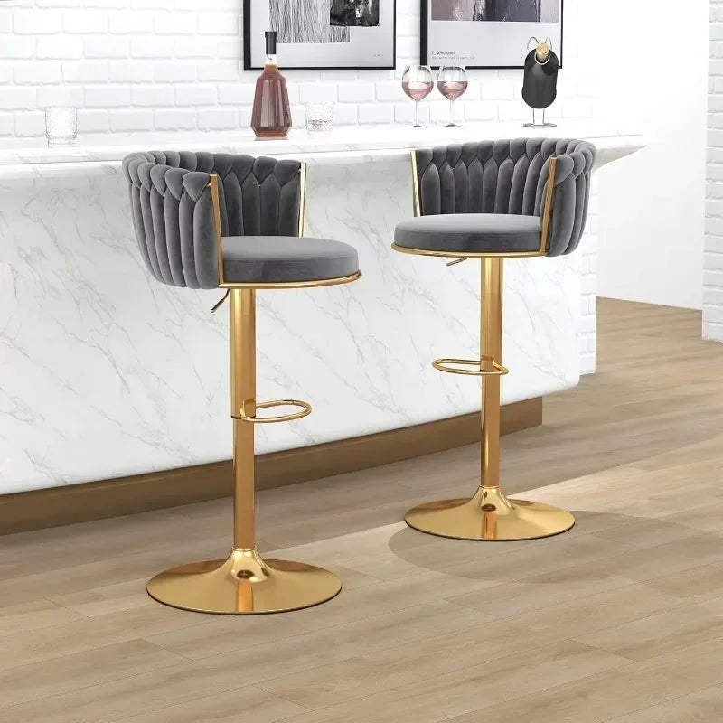 Bar Stool Set of 4, Velvet Swivel Barstools, Height Adjustable Counter Stools with Woven Backrest, Upholstered Modern