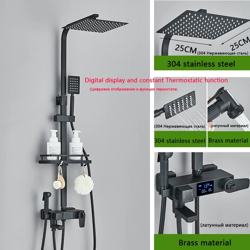 Black Smart Thermostatic Shower Faucet Set Bathroom Intelligent Rainfall Digital Mixer Tap With Rack and Bidet Bath System