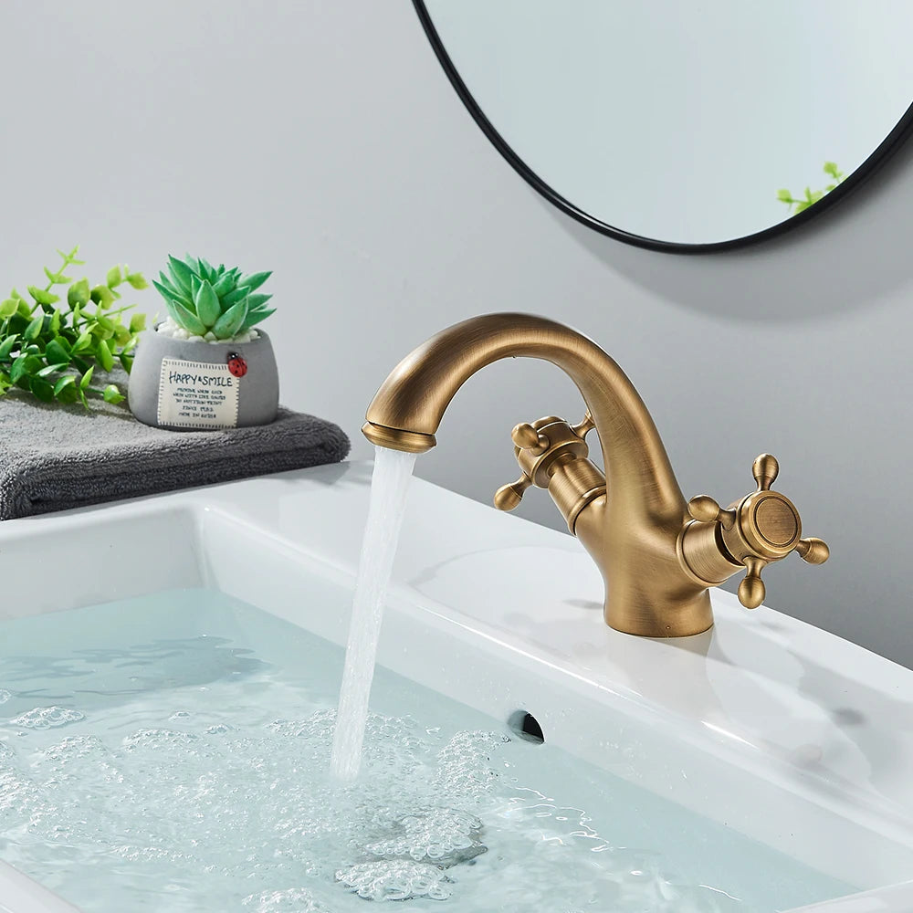Rozin Dual Handle Basin Vessel Sink Faucet Deck Mounted Antique Brass Bathroom Washing Basin Faucet Hot and Cold Water Mixer Tap
