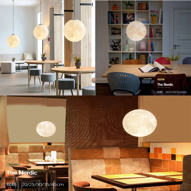 Creative 3D printed moon chandelier 15W 3 Color change light simple bedroom children's room restaurant bar commercial ball lamp