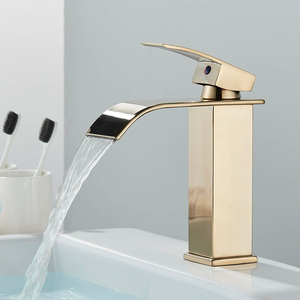 Brushed Gold Basin Sink Faucet Waterfall Outlet Vanity Hot Cold Mixer Tap Deck Mount Taps Washbasin Faucet for Bathroom