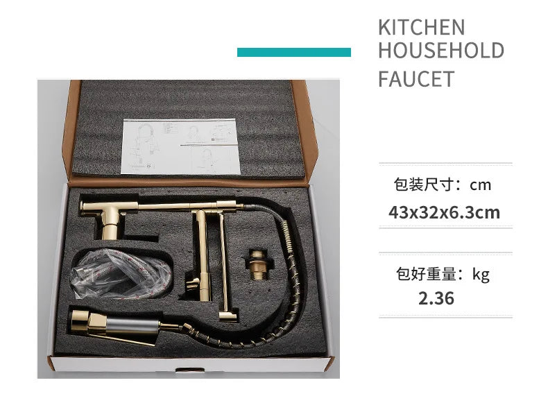 Black and Golden Brass Pulling Kitchen Sink Faucets Dual Outlet Water-Cold Hot Washing Basin Tap Deck Mounted Spring Mixer Taps