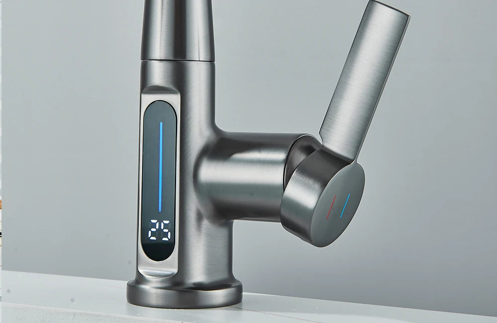 Waterfall Temperature Digital Display Basin Faucet Lift Up Down Stream Sprayer Hot Cold Water Sink Mixer Wash Tap For Bathroom